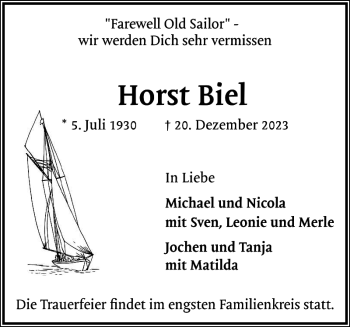 Traueranzeige von Horst Biel von Elmshorner Nachrichten