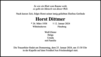 Traueranzeige von Horst Dittmer von Flensburger Tageblatt