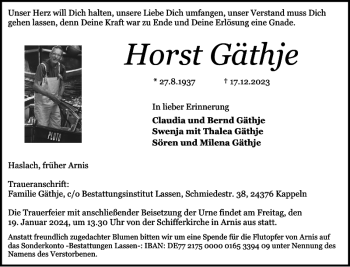 Traueranzeige von Horst Gäthje von Schleswiger Nachrichten