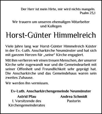 Traueranzeige von Horst-Günter Himmelreich von Holsteinischer Courier