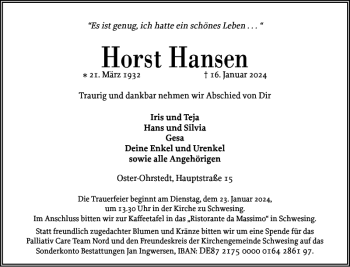 Traueranzeige von Horst Hansen von Husumer Nachrichten