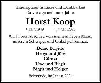 Traueranzeige von Horst Koop von Norddeutsche Rundschau