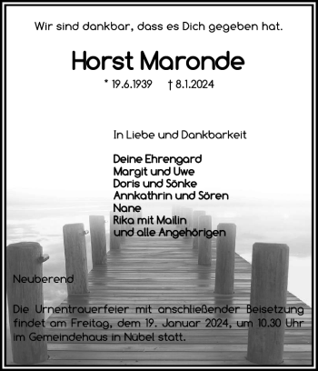 Traueranzeige von Horst Maronde von Schleswiger Nachrichten