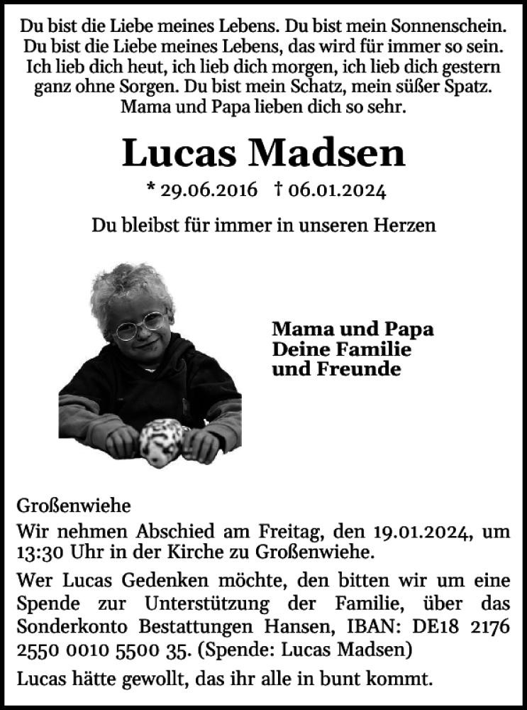  Traueranzeige für Lucas Madsen vom 13.01.2024 aus Flensburger Tageblatt