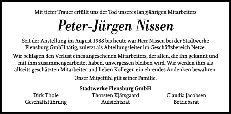  Traueranzeige für Peter Jürgen Yogi Nissen vom 06.01.2024 aus Flensburger Tageblatt