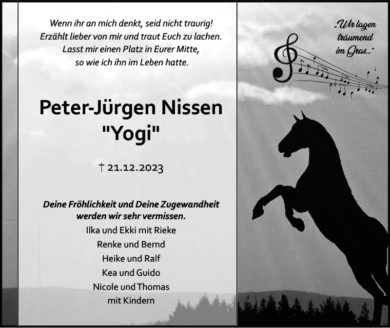  Traueranzeige für Peter Jürgen Yogi Nissen vom 06.01.2024 aus Flensburger Tageblatt