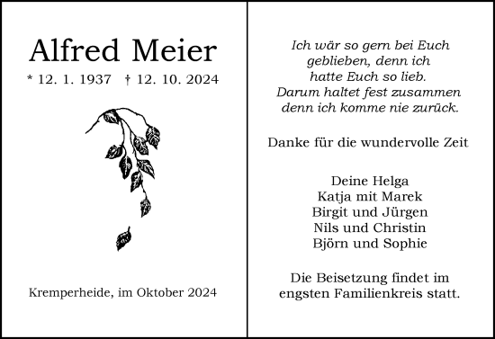 Traueranzeige von Alfred Meier von Norddeutsche Rundschau, Wilstersche Zeitung, Glückstädter Fortuna