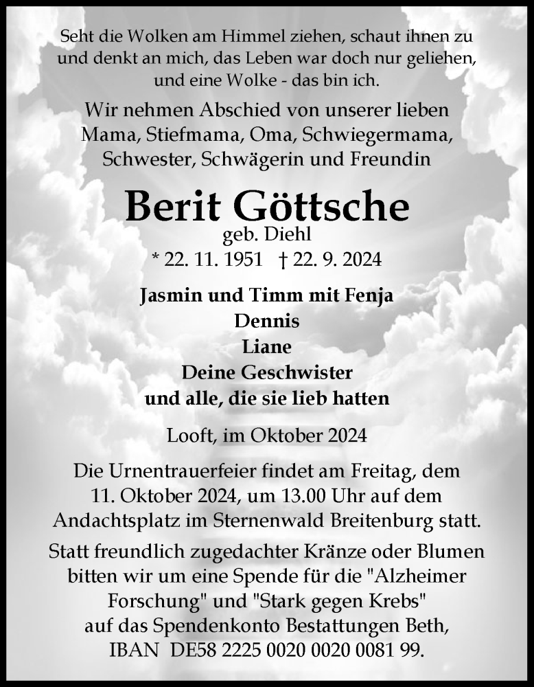  Traueranzeige für Berit Göttsche vom 05.10.2024 aus Norddeutsche Rundschau, Wilstersche Zeitung, Glückstädter Fortuna