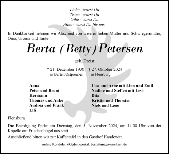 Traueranzeige von Berta Petersen von Flensburger Tageblatt