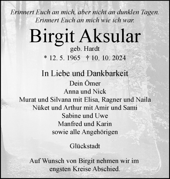Traueranzeige von Birgit Aksular von Norddeutsche Rundschau, Wilstersche Zeitung, Glückstädter Fortuna