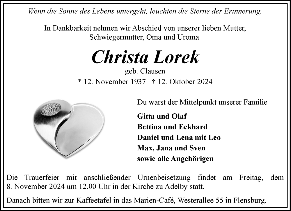  Traueranzeige für Christa Lorek vom 19.10.2024 aus Flensburger Tageblatt