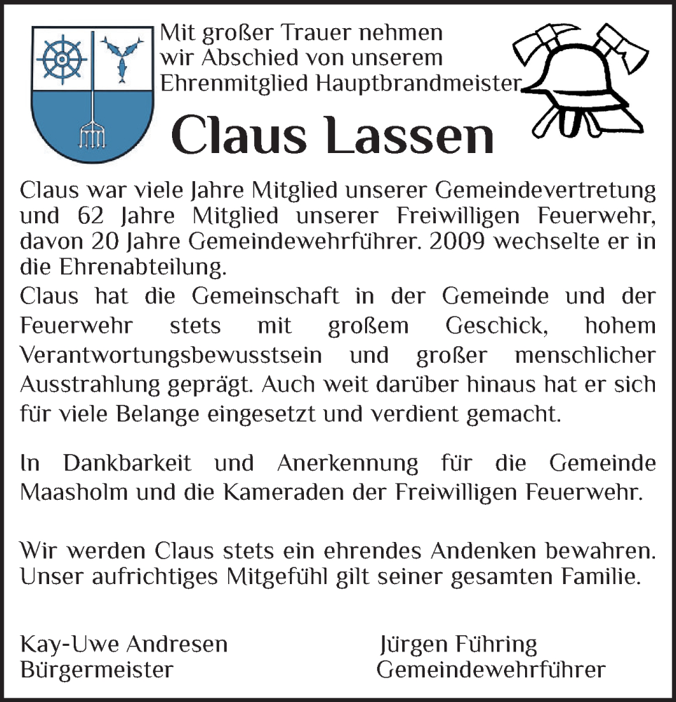  Traueranzeige für Claus Lassen vom 12.10.2024 aus Schleswiger Nachrichten, Schlei-Bote