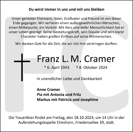 Traueranzeige von Franz L.M. Cramer von Elmshorner Nachrichten, Barmstedter Zeitung