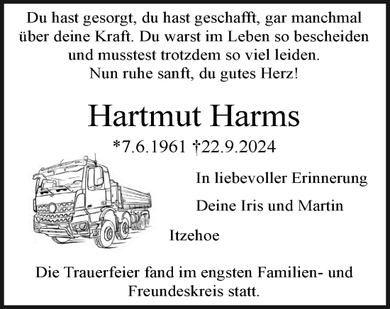 Traueranzeige von Hartmut Harms von Norddeutsche Rundschau, Wilstersche Zeitung, Glückstädter Fortuna