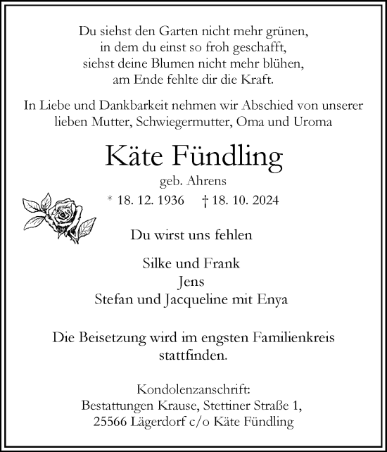 Traueranzeige von Käte Fündling von Norddeutsche Rundschau, Wilstersche Zeitung, Glückstädter Fortuna