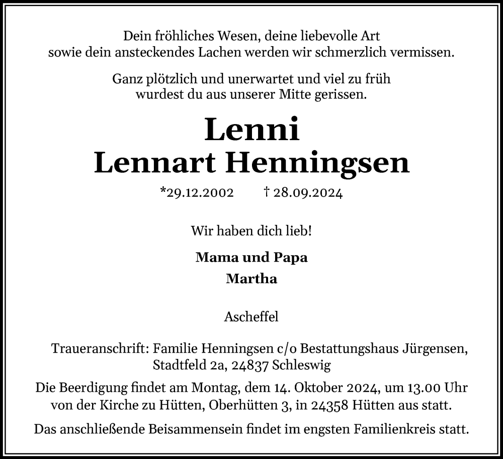  Traueranzeige für Lennart Henningsen vom 09.10.2024 aus Schleswig-Holsteinische Landeszeitung