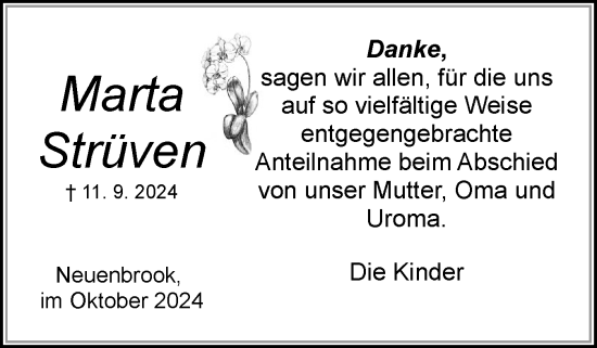 Traueranzeige von Marta Strüven von Norddeutsche Rundschau, Wilstersche Zeitung, Glückstädter Fortuna