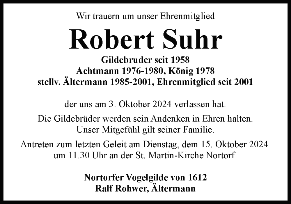  Traueranzeige für Robert Suhr vom 12.10.2024 aus Schleswig-Holsteinische Landeszeitung