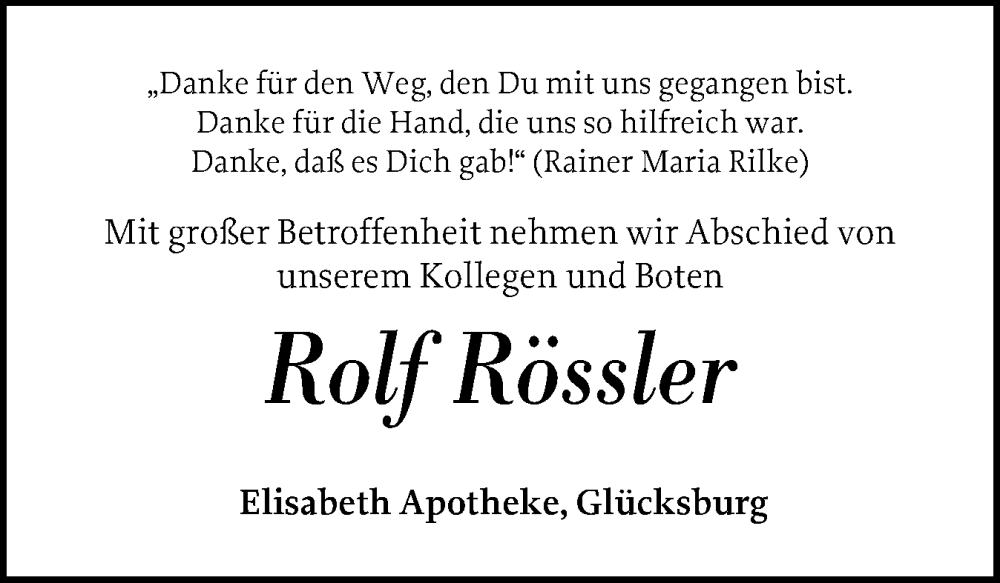  Traueranzeige für Rolf Rössler vom 12.10.2024 aus Flensburger Tageblatt