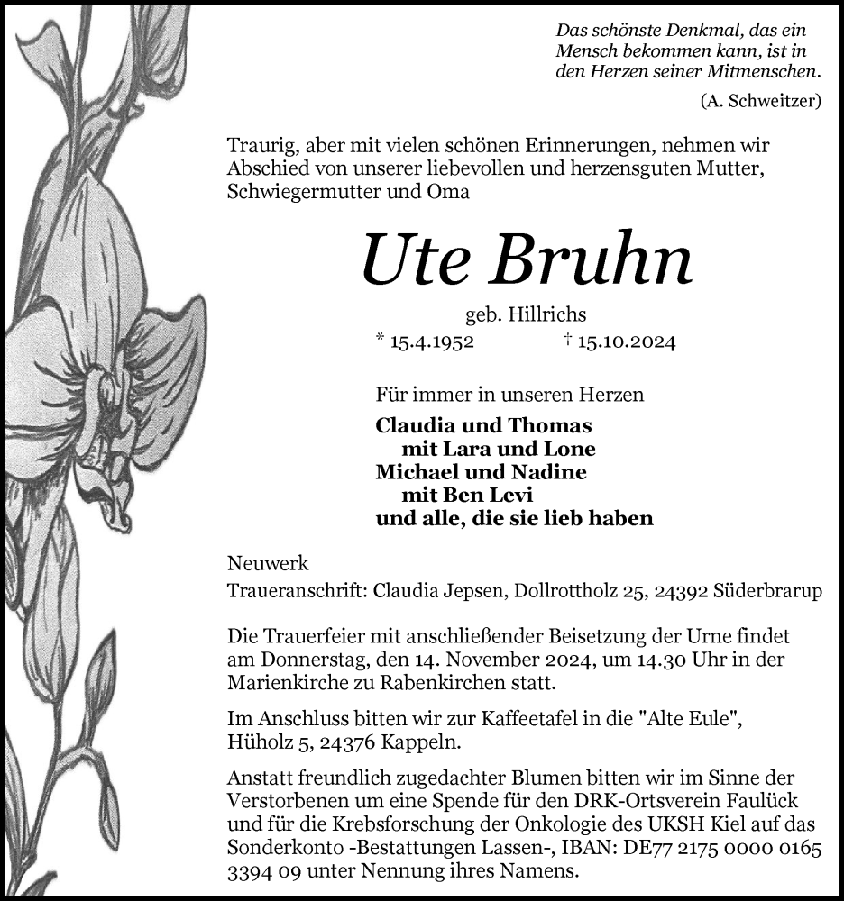  Traueranzeige für Ute Bruhn vom 26.10.2024 aus Schleswiger Nachrichten, Schlei-Bote