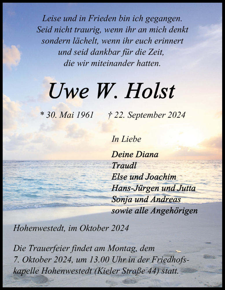  Traueranzeige für Uwe W. Holst vom 04.10.2024 aus Schleswig-Holsteinische Landeszeitung