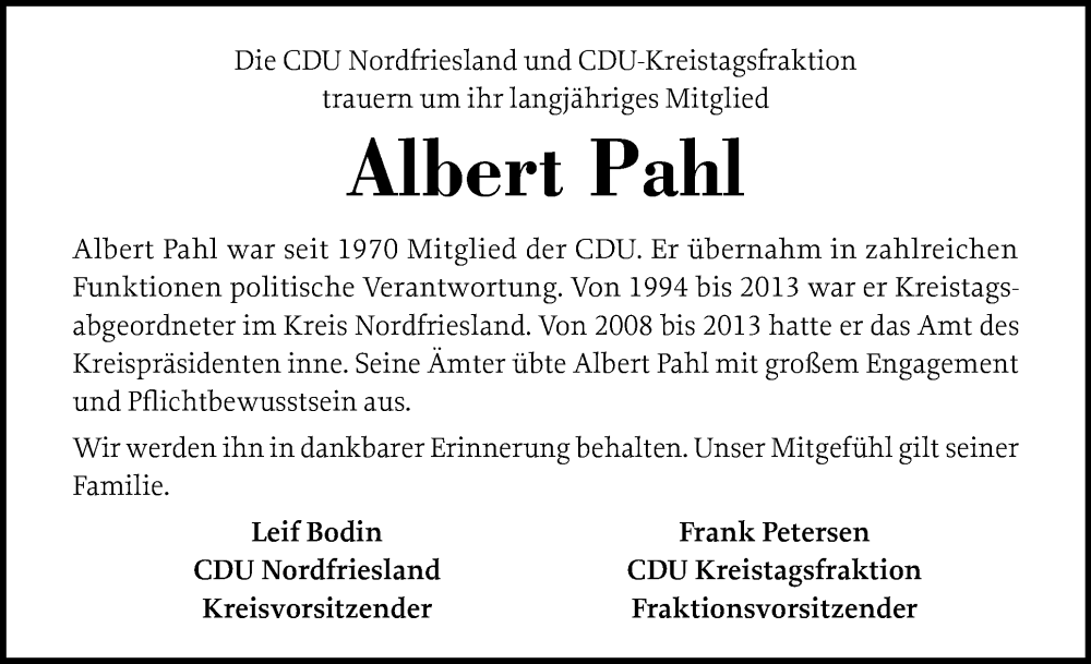  Traueranzeige für Albert Pahl vom 25.11.2024 aus Region Westküste
