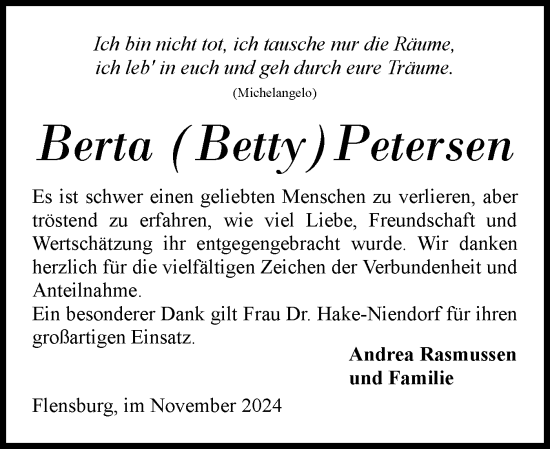 Traueranzeige von Berta Petersen von Flensburger Tageblatt