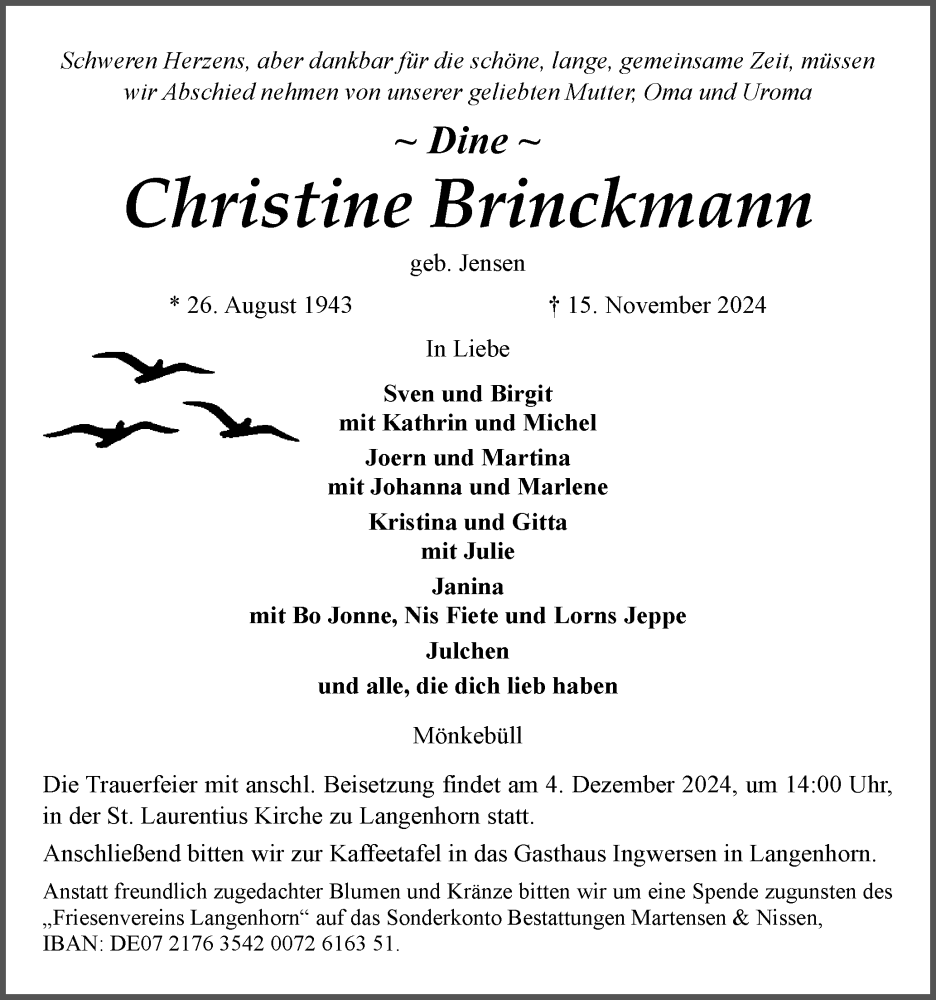  Traueranzeige für Christine Brinckmann vom 23.11.2024 aus Husumer Nachrichten, Nordfriesland Tageblatt