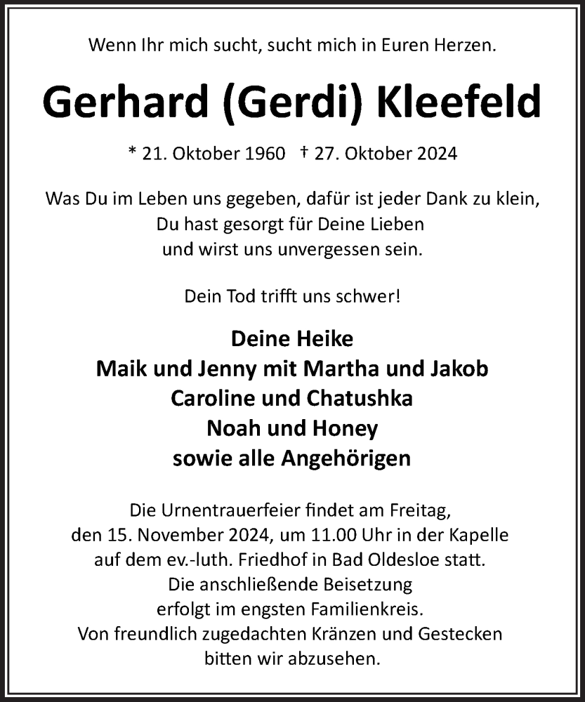  Traueranzeige für Gerhard Kleefeld vom 09.11.2024 aus Stormaner Tageblatt