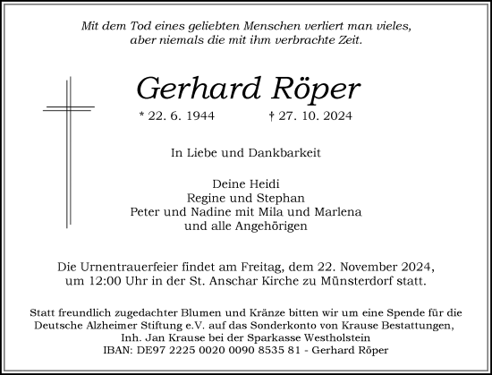 Traueranzeige von Gerhard Röper von Norddeutsche Rundschau, Wilstersche Zeitung, Glückstädter Fortuna