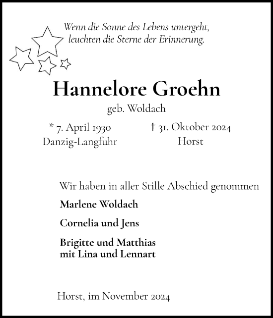Traueranzeige von Hannelore Groehn von Elmshorner Nachrichten, Barmstedter Zeitung