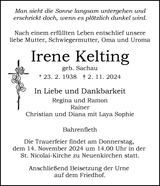 Traueranzeige von Irene Kelting von Norddeutsche Rundschau, Wilstersche Zeitung, Glückstädter Fortuna