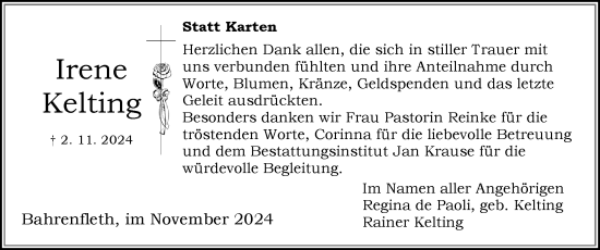 Traueranzeige von Irene Kelting von Norddeutsche Rundschau, Wilstersche Zeitung, Glückstädter Fortuna