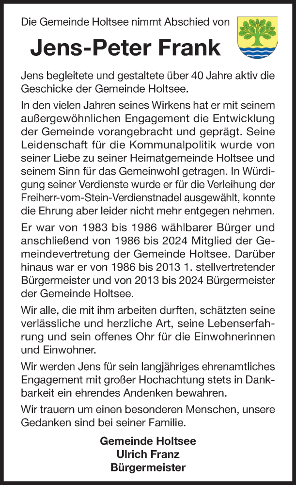  Traueranzeige für Jens-Peter Frank vom 09.11.2024 aus Eckernförder Zeitung, Hallo Eckernförde