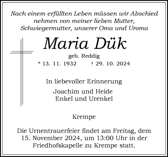 Traueranzeige von Maria Dük von Norddeutsche Rundschau, Wilstersche Zeitung, Glückstädter Fortuna