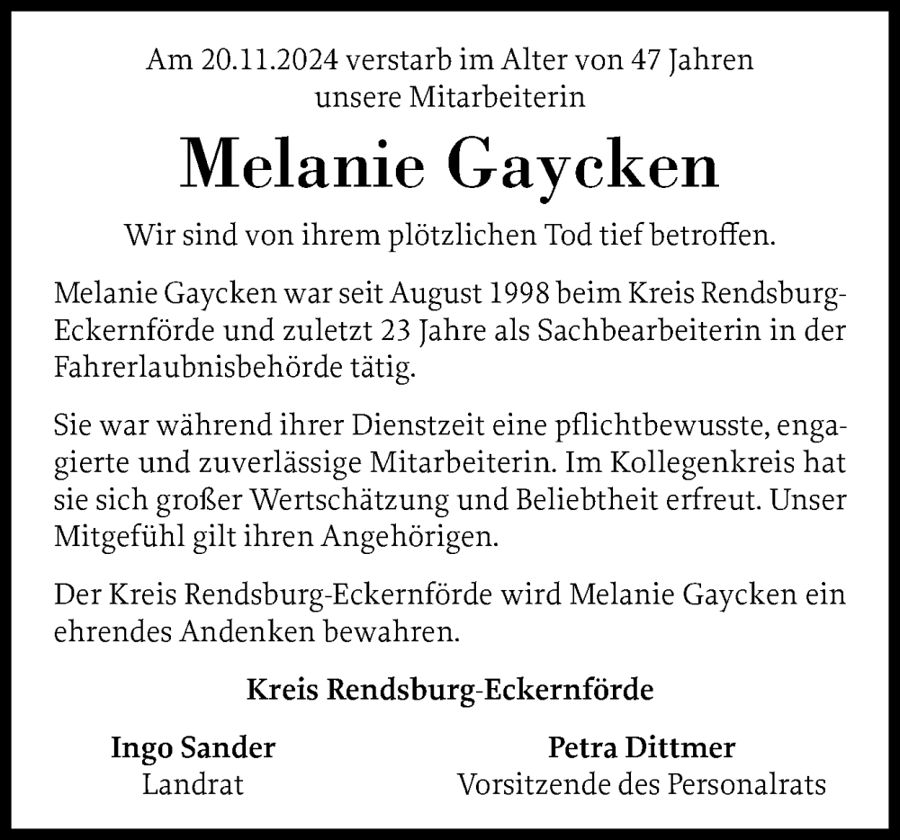  Traueranzeige für Melanie Gaycken vom 28.11.2024 aus Schleswig-Holsteinische Landeszeitung
