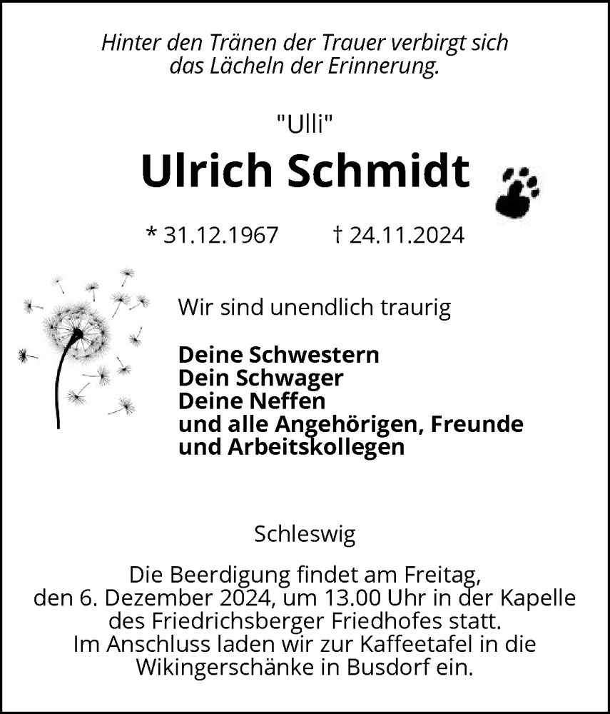  Traueranzeige für Ulrich Schmidt vom 30.11.2024 aus Schleswiger Nachrichten, Schlei-Bote