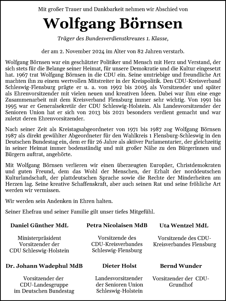  Traueranzeige für Wolfgang Börnsen vom 09.11.2024 aus Region Flensburg