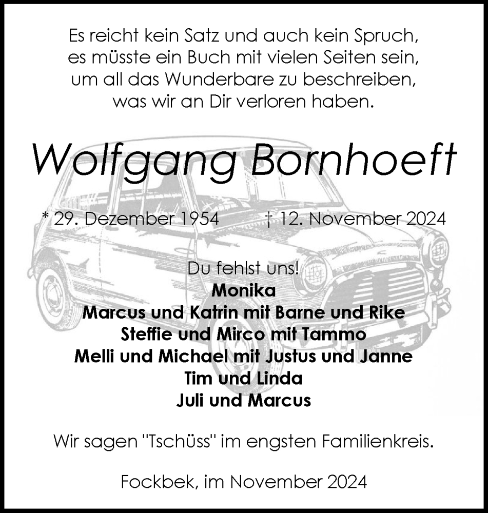  Traueranzeige für Wolfgang Bornhoeft vom 16.11.2024 aus Schleswig-Holsteinische Landeszeitung