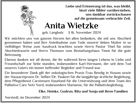 Traueranzeige von Anita Wietzke von Husumer Nachrichten, Nordfriesland Tageblatt