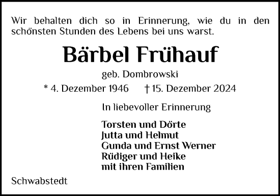 Traueranzeige von Bärbel Frühauf von Husumer Nachrichten, Nordfriesland Tageblatt