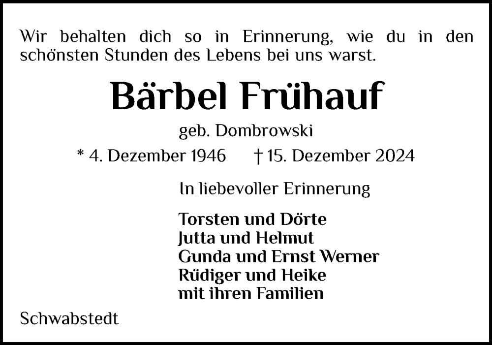  Traueranzeige für Bärbel Frühauf vom 21.12.2024 aus Husumer Nachrichten, Nordfriesland Tageblatt