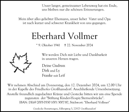 Traueranzeige von Eberhard Vollmer von Stormaner Tageblatt