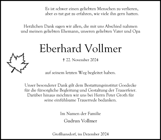 Traueranzeige von Eberhard Vollmer von Stormaner Tageblatt