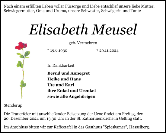 Traueranzeige von Elisabeth Meusel von Flensburger Tageblatt, Schleswiger Nachrichten, Schlei-Bote