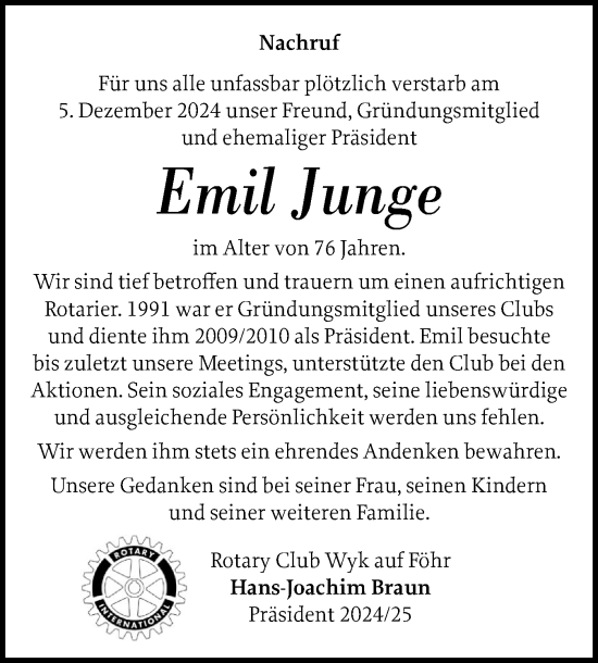 Traueranzeige von Emil Mewes Junge von Der Insel-Bote