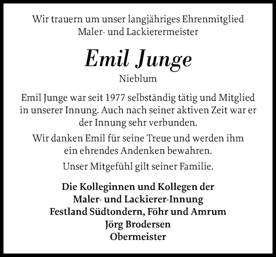 Traueranzeige von Emil Mewes Junge von Der Insel-Bote