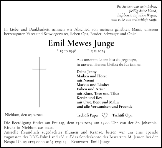 Traueranzeige von Emil Mewes Junge von Der Insel-Bote