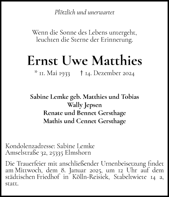 Traueranzeige von Ernst Uwe Matthies von Elmshorner Nachrichten, Barmstedter Zeitung