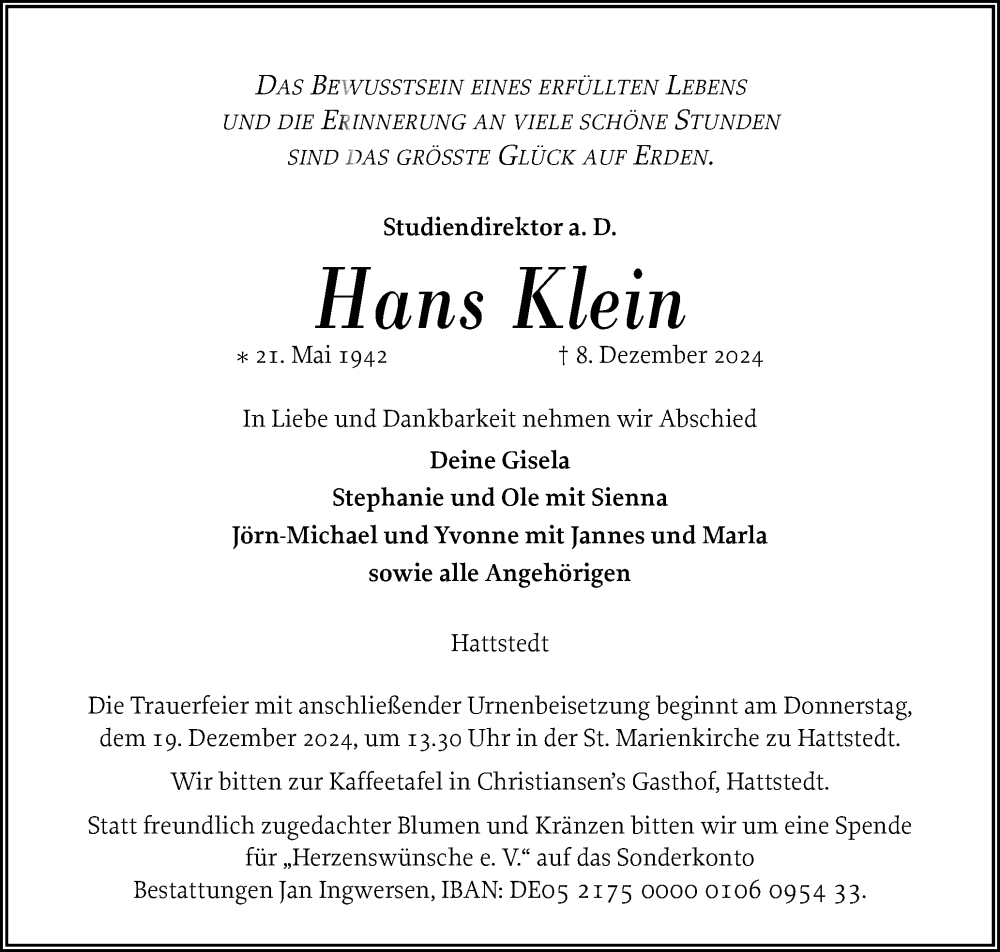  Traueranzeige für Hans Klein vom 12.12.2024 aus Husumer Nachrichten, Nordfriesland Tageblatt